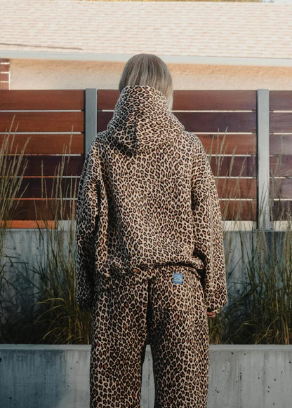 Unisex Vintage Leopard Print Hoodie Zipper with Pants